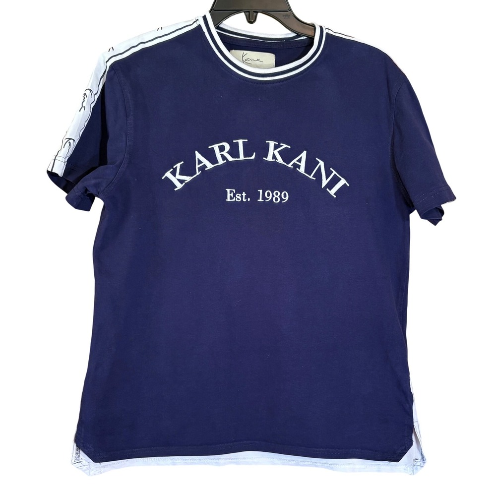 Karl Kani Est. 1989 Mens VTG T-Shirt Small‎ Blue White Striped Trim Short Sleeve